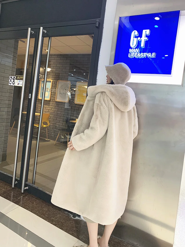 2109 новое зимнее пальто женское свободное с капюшоном из искусственного Шуба из кролика Рекс женское размера плюс повседневное толстое теплое пальто Женская куртка