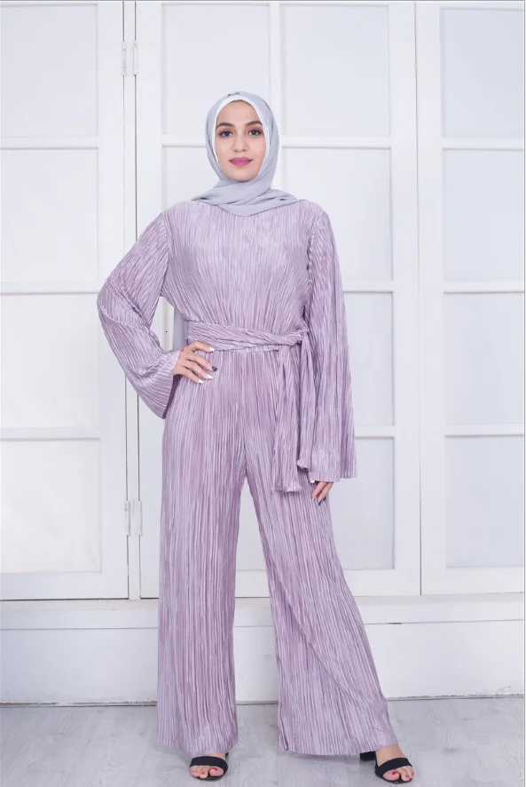 purple Мусульманский абайя плиссированные комбинезоны Макси платье с расклешенными рукавами длинный халат кимоно арабский Рамадан мусульманская молитвенная одежда служение - Цвет: purple