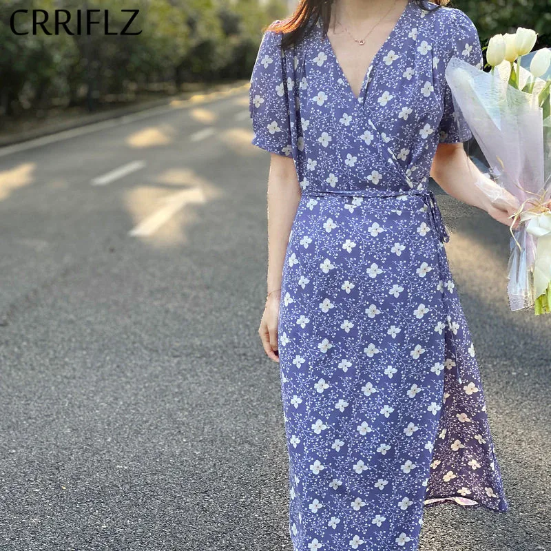 CRRIFLZ 2020 New Summer Chiffon Floral Dress Women Casual V Neck Medium Long Short Sleeve | Женская одежда