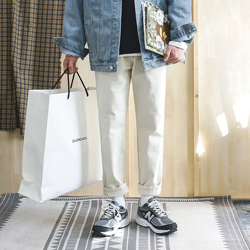 

Spring Summer Korean Casual Pants Men's Fashion Cotton Beige Straight Pants Men Streetwear Wild Loose Mens Trousers M-2XL