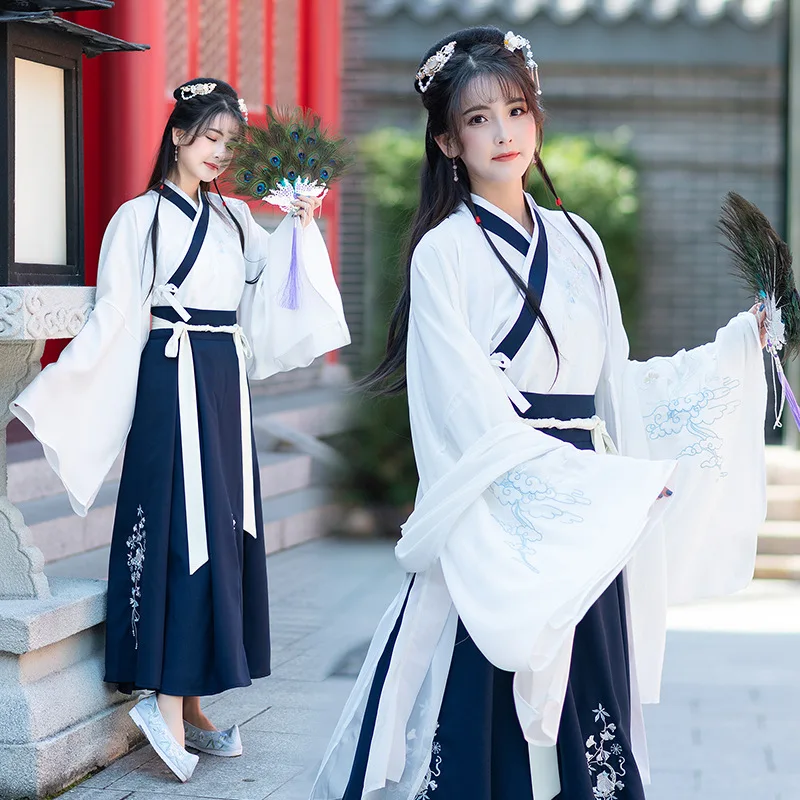 Hanfu Женский костюм Wei and Jin в китайском стиле, Повседневная традиционная китайская одежда из двух предметов для женщин, топ с v-образным вырезом и юбка