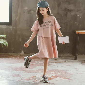 

YourSeason New Arrival Teen Girls Short Sleeved Casual Dress Letter Print Loose Fashion Children Summer Pink Clothes O Neck