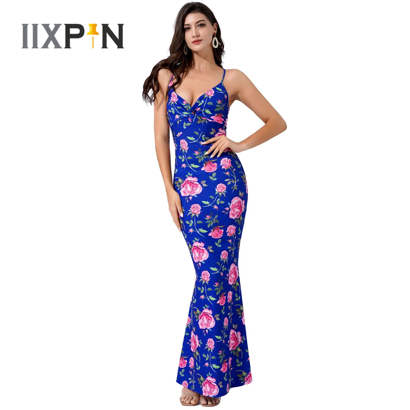 

Women Flower Dresses Summer 2021 Floral Print V Neck Mermaid Dress Sexy Backless Maxi Gown Elegant Women's Long Dress vestido