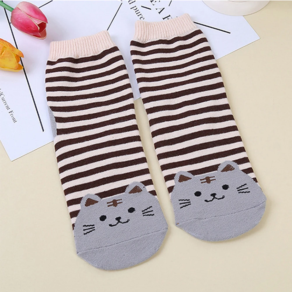 5pcs Women Cat Stripes Mid-calf Length Socks Breathable Cotton Anti-slip Socks Adult Soft Casual Animal Print Socks