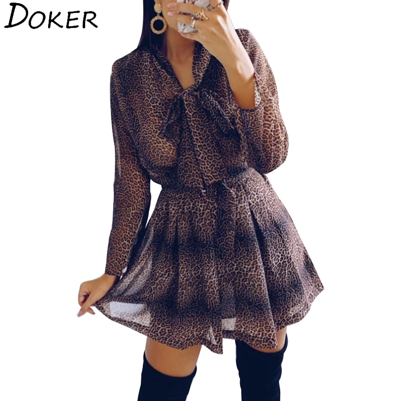 2020 Spring Summer New Chiffon Leopard Dress Women Clothes Fashion High Waist Loose Long Sleeve Party Mini Dresses | Женская одежда