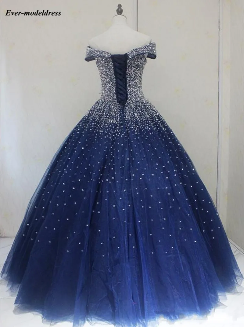 Блестящие королевские синие Бальные платья пышные платья с открытыми плечами с блестками бисером на шнуровке сзади платья для выпускного вечера милые 16 платья