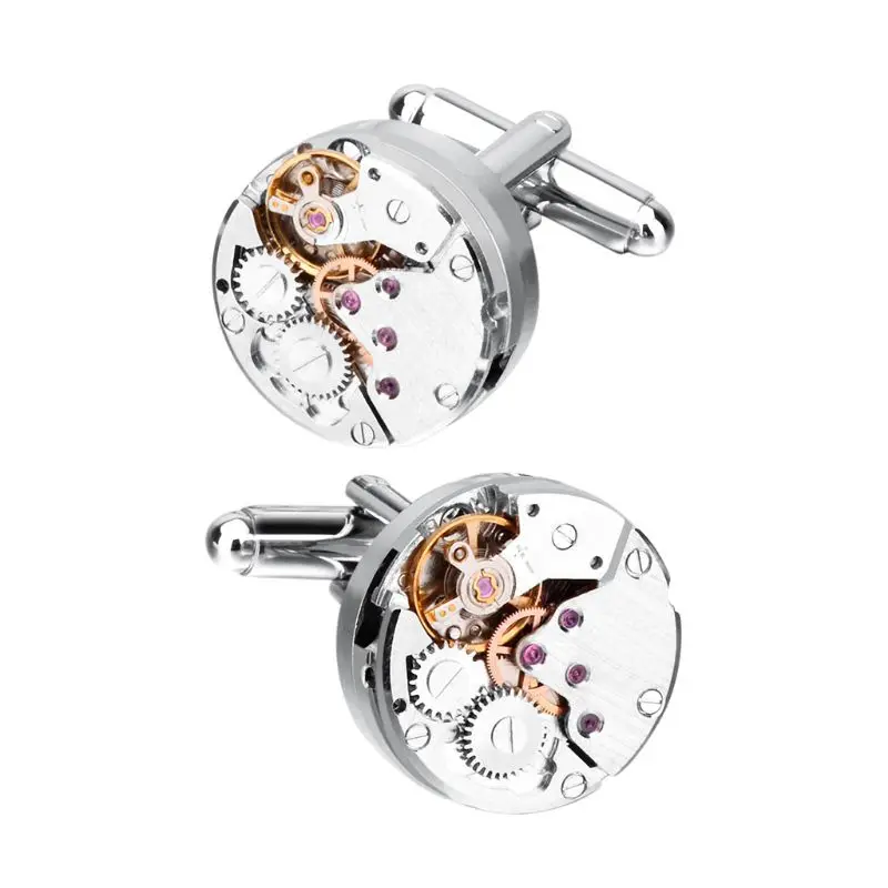 Man Cufflinks Silver Retro Steampunk Watch Movement Clock Cuff Link Wedding Gift