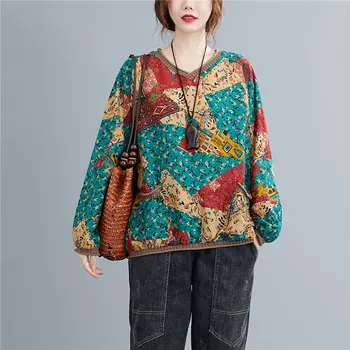 

Women Long Sleeve Cotton Linen Tops New 2020 Autumn Vintage Print V-neck Loose Comfortable Female Casual Blouses Shirts S2071