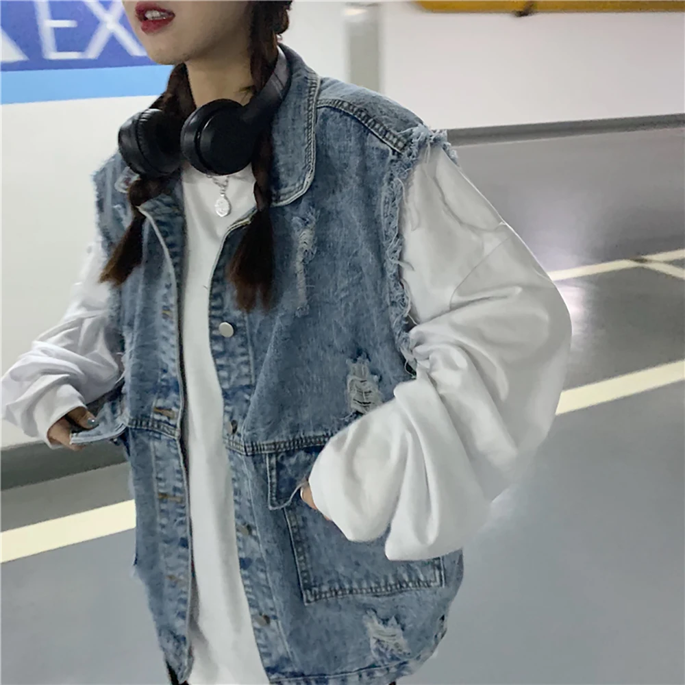 Harajuku estilo feminino colete sem mangas jean