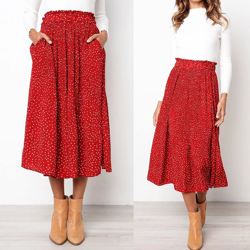 

Elastic High Waist Side Pockets Skirts Summer 2019 Elegant Female Bottom White Dots Floral Print Pleated Midi Skirt Women