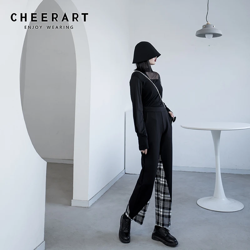 CHEERART Весна 2020 длинные брюки женские черные Лоскутные клетчатые с высокой талией