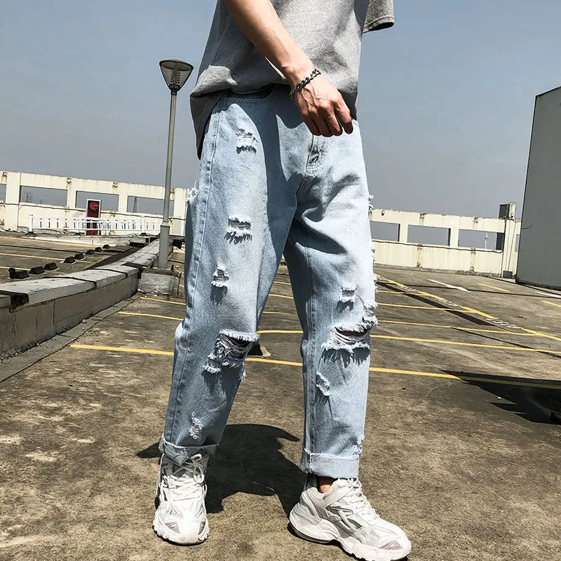 

2020 Spring And Summer New Youth Popular Loose Solid Color Ripped Jeans Fashion Casual Wild Straight Pants Blue S-2XL