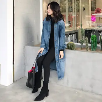 

2020 Spring New Denim Jacket Female Korean Windbreaker Loose Retro Long Coat Single Breasted Straight Vintage Jeans Jaqueta r153