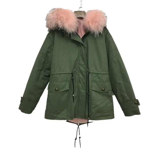 Meifng повседневная одежда парка женская короткая армейская зеленая Меховая куртка с розовой мягкой подкладкой пальто с воротником из меха енота
