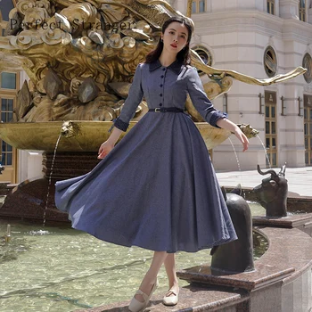 

2019 Autumn Winter New Arrival High Quality Retro Three-quarter Sleeve Lace Woman Long Dress Blue With Belt