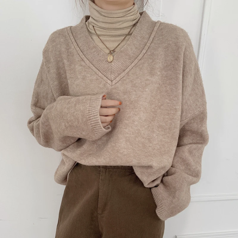 

Warm V Neck Sweaters For Women Fashion Autumn Winter 2020 European Casual Knit Cashmere Pullovers Oversized Sweater Tops Femme