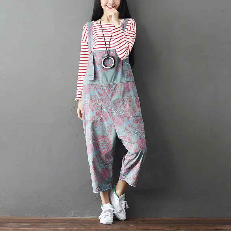 

Summer Autumn Ankle-Length Women Loose Suspender Pants High Waist Fashion Flower Print Overalls Jumpsuits