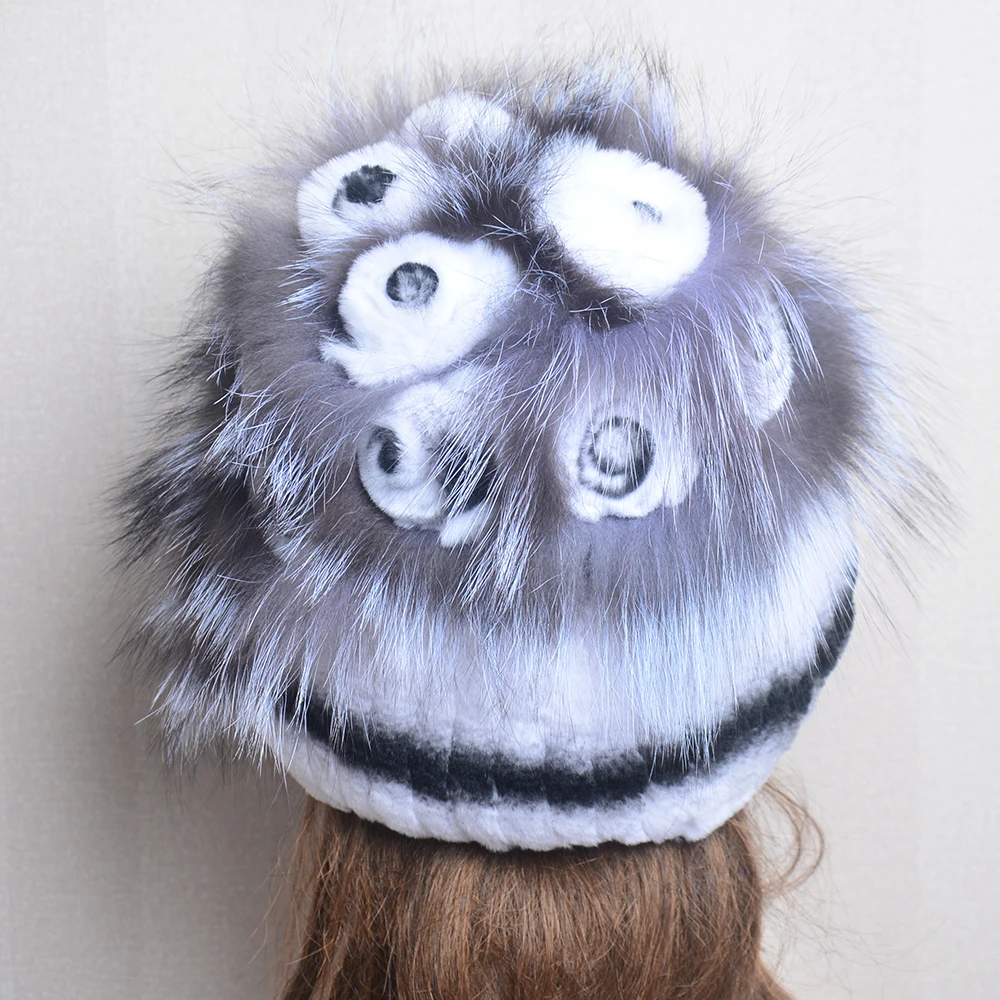 New Real Rex Rabbit Hair Luxury Woman Hat Fox Fur Beanies Caps Winter Women Hats Fashion Lady Warm Rex Rabbit Fur Knitted Hat 4