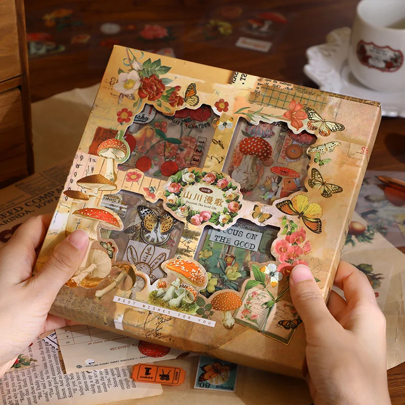 Simno 100 Sheets Flowers Mushroom Stickers Retro Literary Decorative Sticker Set Stationery Wholesale