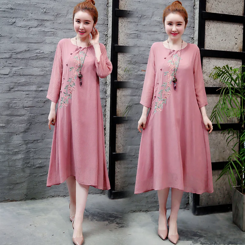 

2019 Summer New Style Cotton Linen Three-quarter-length Sleeve Dress Women's Retro Loose-Fit Embroidered Fake Two-Piece Ethnic-S