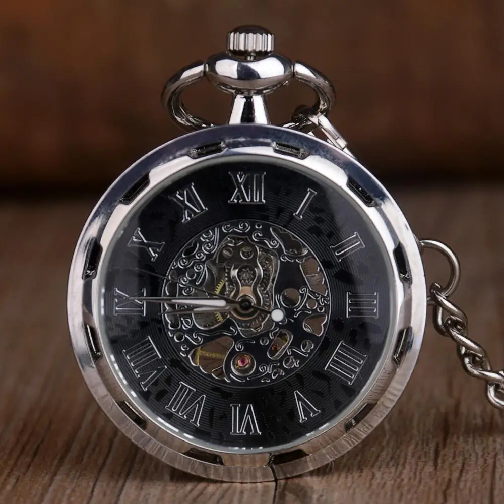 

5pcs/lot Antique Hand Winding Mechanical Pocket Watch Luxury Roman Numerals Skeleton Watches Men Women FOB Chain