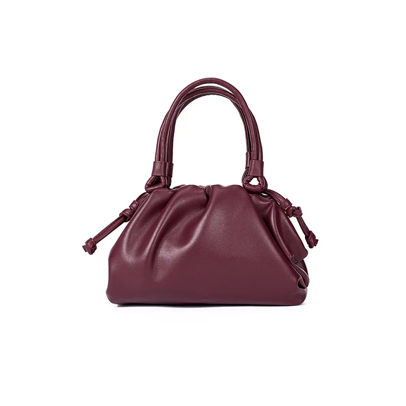 claret women handbag cowhide Shoulder bag fashion pleated cloud bag - Цвет: claret