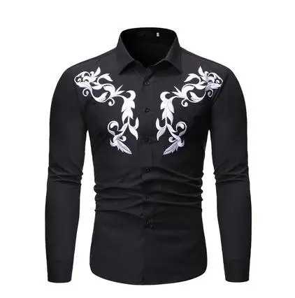 Мужская Повседневная модная рубашка с длинным рукавом, мужская рубашка с вышитыми цветами, приталенная Повседневная рубашка, размер США - Цвет: black