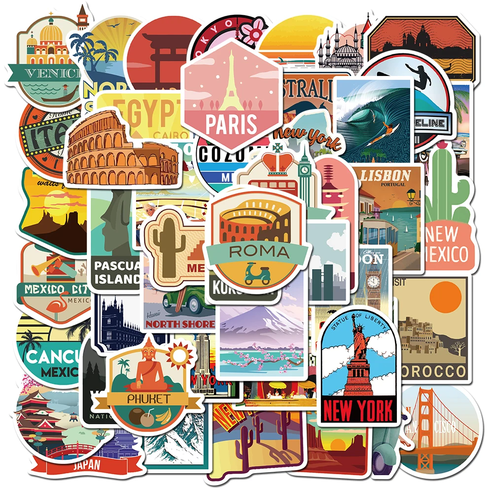 

10/50pcs New Global Travel City Landscape Stickers Decal Vinyl for Stationery Scrapbooking PS4 Skateboard Laptop Guitar Sticker