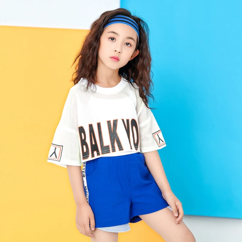 Children White Jazz Dance Costumes Girls Letter Crop Top Blue Shorts Dance Sets Hip Hop Modern Party Stage Outfits (15)