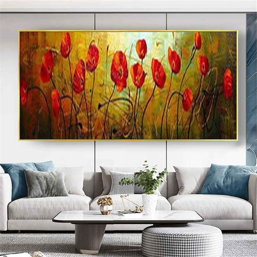 

Hand-Painted Oil Paintings Red Tulip Flower Wall Art Modern Living Room Decor Poster Large Salon Canvas Picture Decorate Gift