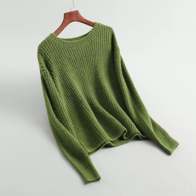 Осенне-зимняя обувь женский свитер свободного покроя сплошной цвет Круглый воротник Длинные рукава толстый свитер