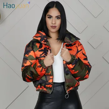 

HAOYUAN Camouflage Puffer Jacket Women Winter Wear Festival Thick Warm Parka Down Bubble Coat Top Warm Thick Parka Crop Jacket