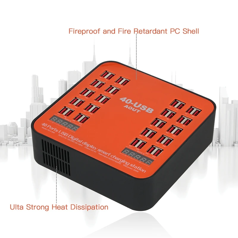 WLX-840 USB Зарядное устройство 200W 40-Порты и разъёмы USB Wall Зарядное устройство с двойным цифровым Дисплей смарт-зарядная станция с имеет складную вилку для IPhone Ipad
