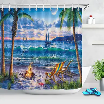 

Night Beach Landscape Shower Curtains Fabric Waterproof Polyester Tropical Sea Sailboat Ocean Scenery Bathroom Curtain Hooks