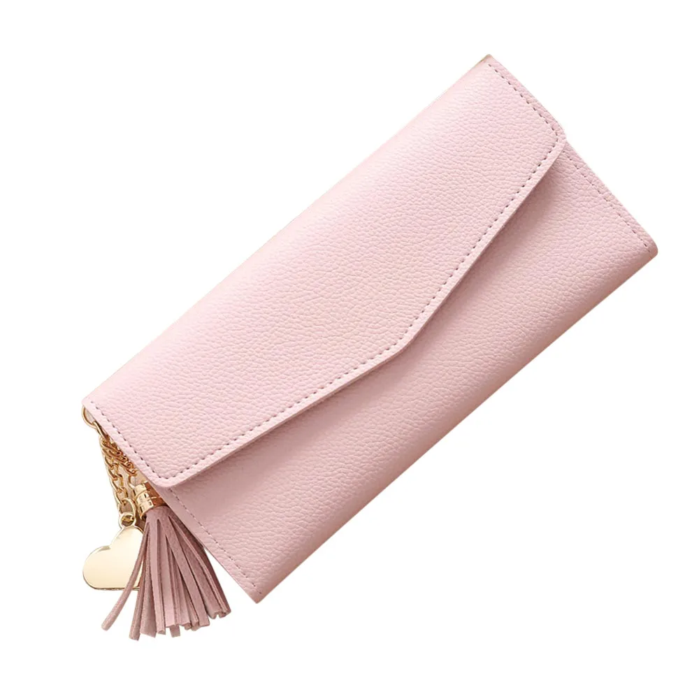 Просто бумажник женский длинный милый кошелек кожаный кисточкой женские кошельки на молнии Portefeuille Дамский бумажник-ридикюль Cartera Mujer - Цвет: Розовый