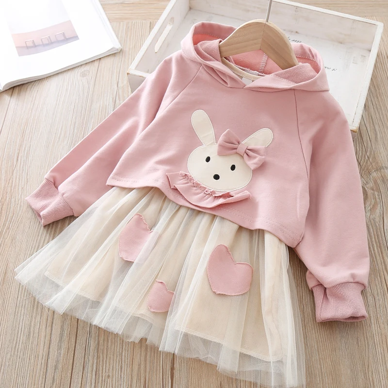 Melario/весенняя одежда для маленьких девочек; сетчатые платья для маленьких девочек; платье принцессы с длинными рукавами и рисунком кролика; толстовка с капюшоном; комплект из 2 предметов