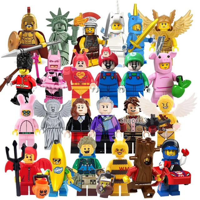 

Single Pumping Cupid Mario Spartan Knight Shark Panda Doctor Who Unicorn Boy Banana Cartoon Building Blocks Kids Toys