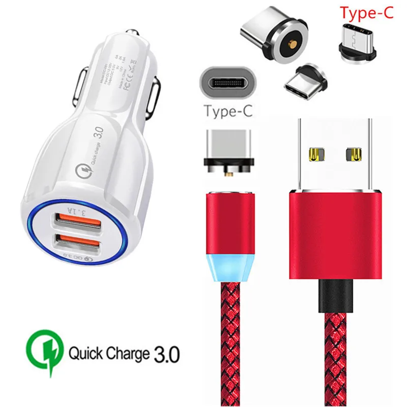 QC 3,0 USB быстрое автомобильное зарядное устройство магнитный кабель типа C для samsung galaxy S10 S9 S8 A8 A9 A80 A70 A60 A50 A40 A30 мобильный телефон