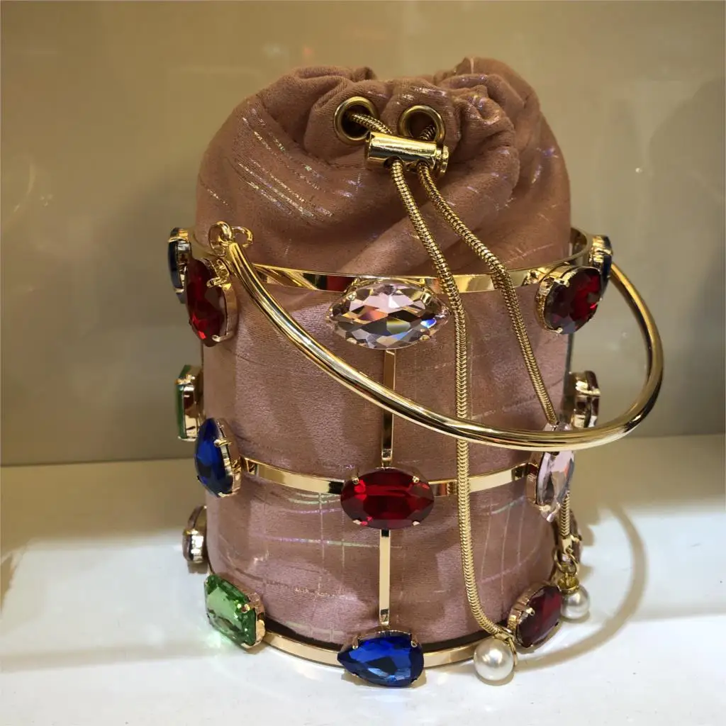 Colorful Diamond Bucket Bag Basket Evening Clutch Bags Women Hollow Out Beaded Alloy Metallic Cage Handbag Purse Ladies Dinner 