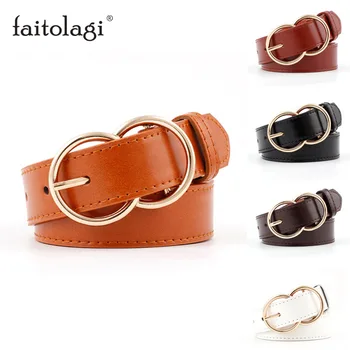 

Double Ring Belt For Women Luxury Leather Round Buckle Waist Belt Black White Brown Ladies Jeans Pants Belts pasek damski