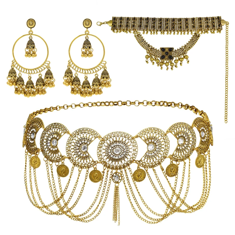 Gargantilla de monedas Vintage, collar, campanas, pendientes, conjunto  bohemio, étnico, flor de cristal, cinturones de cadena para la cintura,  joyería corporal India gitana|Conjuntos de joyería| - AliExpress