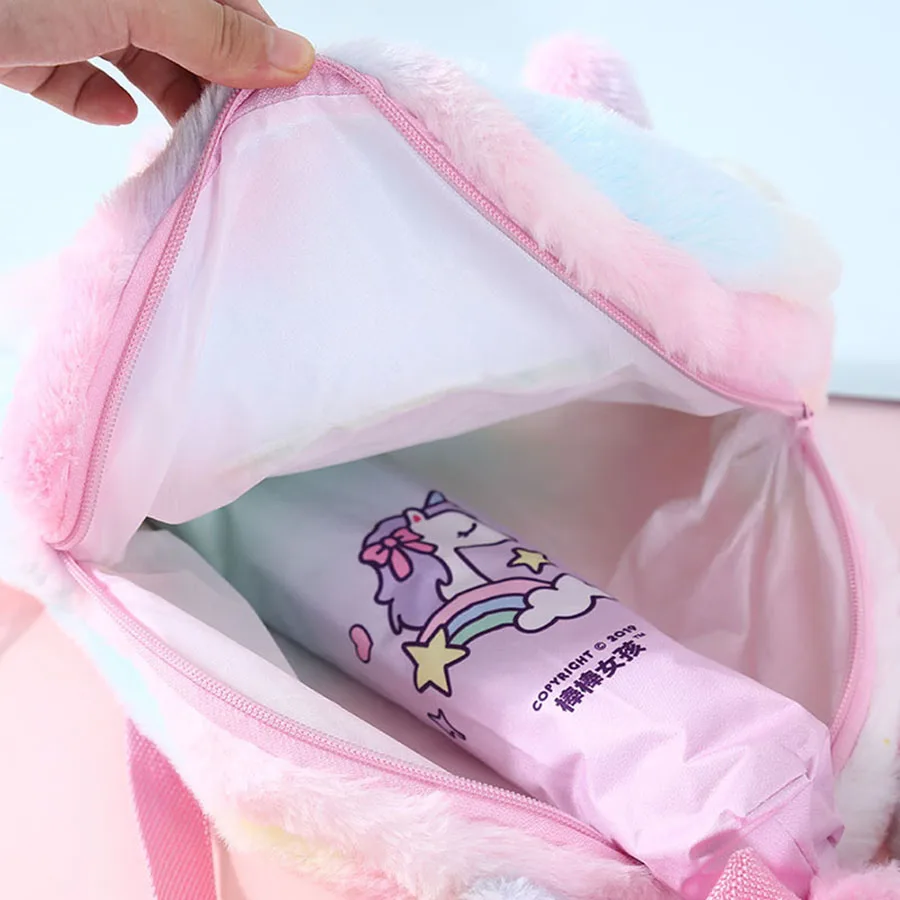 Студенческий маленький плюшевый школьный рюкзак из мультфильма, мини-игрушка на цветной молнии, кукольный рюкзак, Детский рюкзак с радужным мехом единорога, рюкзак в детский сад