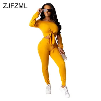 

Causal Solid Two Piece Sets Sweat Suits Womens Clothing Off Shoulder Tie Up Crop Top + Long Pants Plus Size Winter Fall Outfits