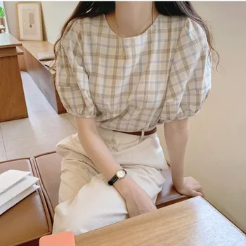 

COIGARSAM Vintage Plaid blouse women Brief Loose Puff Sleeve O-Neck blusas womens tops and blouses 6504