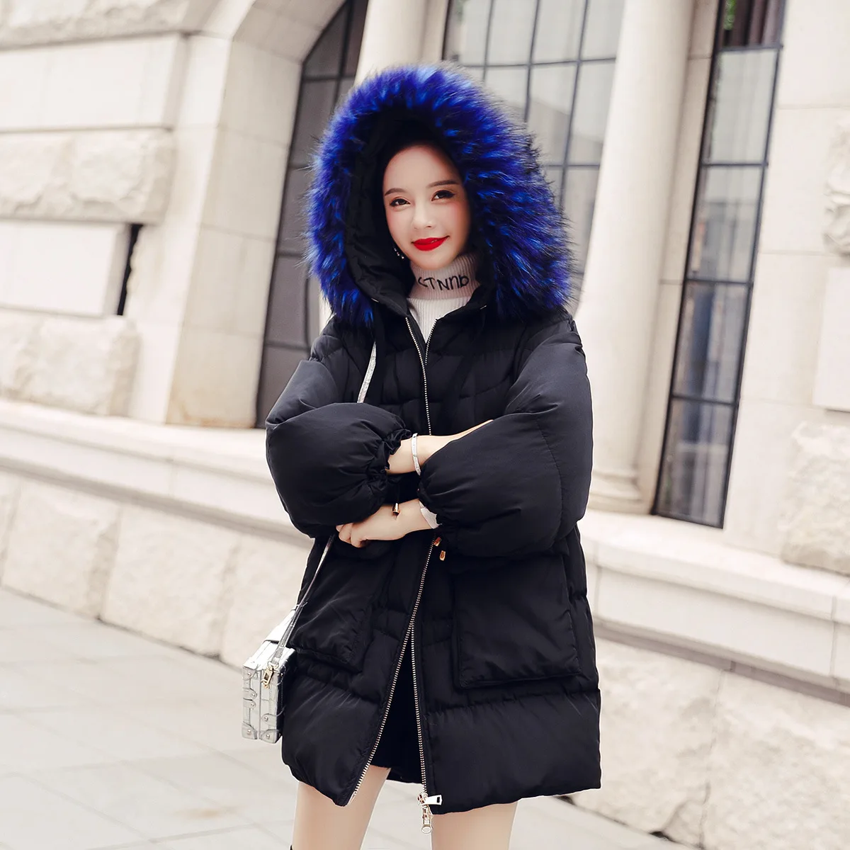 

2018 Winter New Style Mid-length Long Sleeve Cotton Coat Slim Fit Slimming Hooded WOMEN'S Cotton Padded Clothing with High Imita