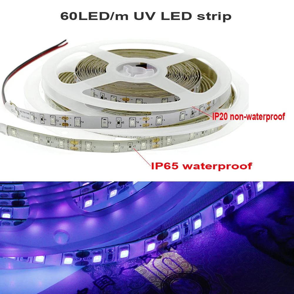 DC12V 5M/Lot 3528 2835 UV LED Strip 60led/m 120led/m 300/600 Leds  Ultraviolet 395-405nm Purple Flexible Tape Ligh