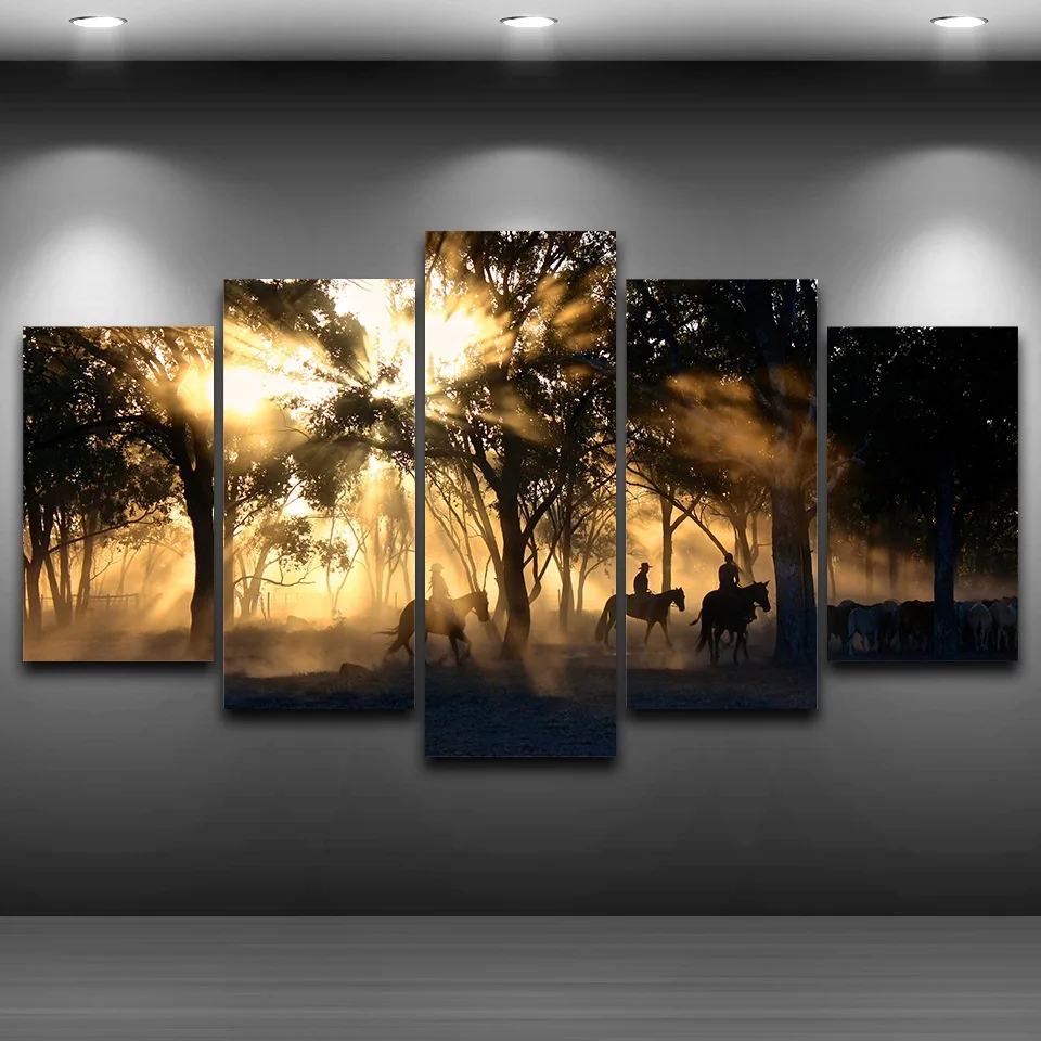Canvas-Wall-Art-Pictures-Home-Decor-Living-Room-5-Pieces-Morning-Sunrise-Forest-Tree-Horses-Painting