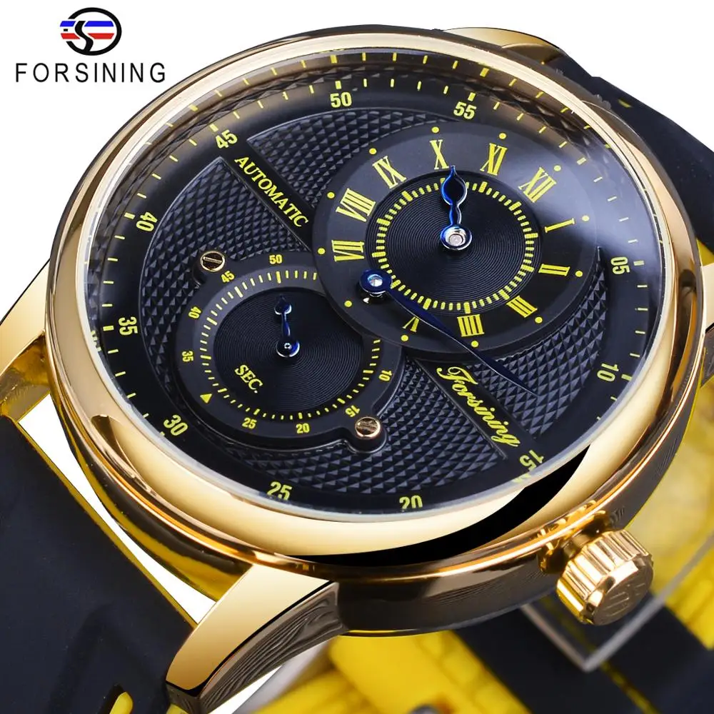 Forsining Black Golden Luxury Men Transparent Automatic Wristwatch Waterproof Mechanical Watch Silicone Band Casual Sport Clock