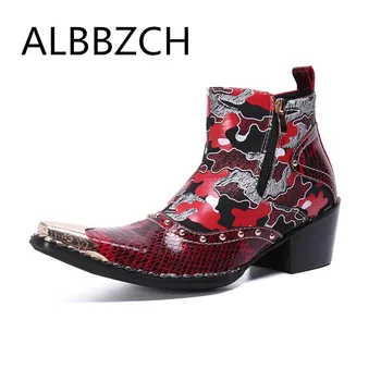 

Luxury Chelsea Men Boots Pointed Toe High Heels Fashion Printing Leather Ankle Boots Men's Male Career Work Boots Big yards 46