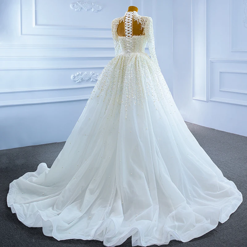 RSM67261 Slim White Bridal Wedding Dress Banquet New Pearl Decorative Fan-shaped Collar High Collar Long Sleeve свадьба платье 2